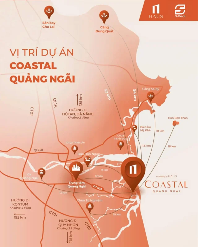 Vị trí Coastal Quảng Ngãi - Khoảng cách Coastal Quảng Ngãi đến các vị trí trung tâm