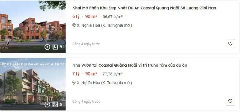 Thực hư thông tin giá bán Coastal Quảng Ngãi trên các tin đăng BĐS gần đây 2