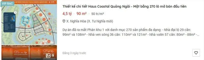 Thực hư thông tin giá bán Coastal Quảng Ngãi trên các tin đăng BĐS gần đây