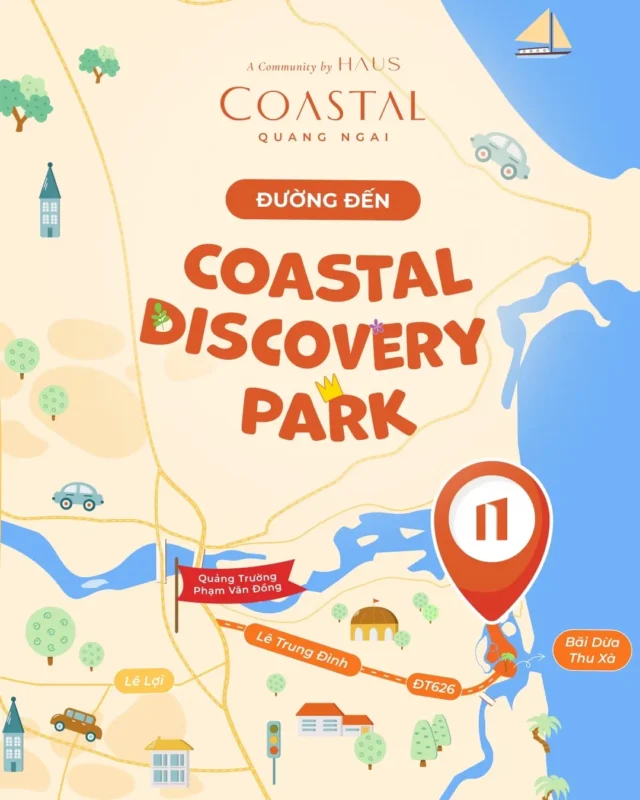 lộ trình đường đi từ trung tâm thành phố đến công viên Coastal Discovery Park Coastal Quảng Ngãi